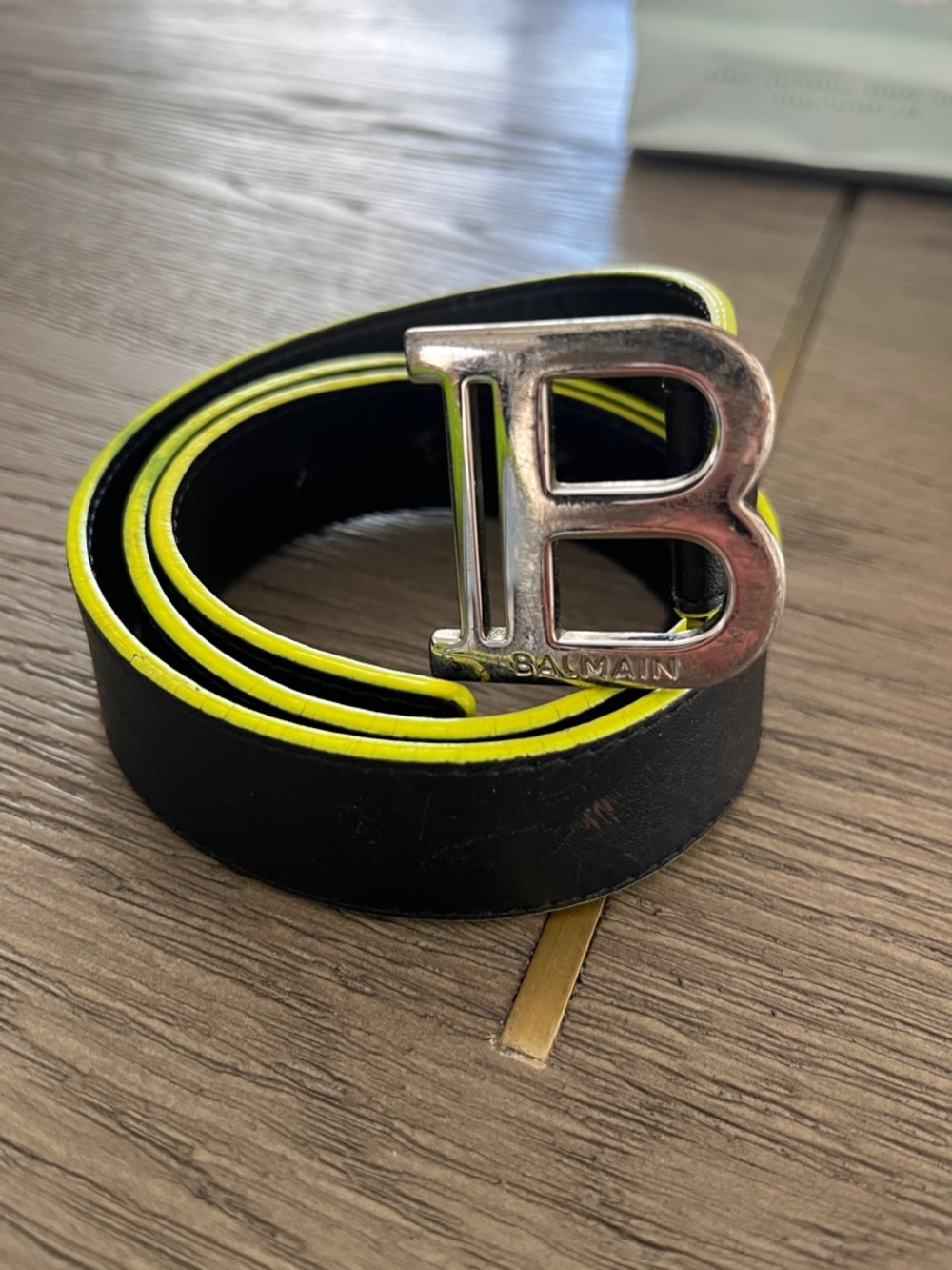 Balmain Black Leather Belt with Neon Yellow Edge and Silver B Buckle